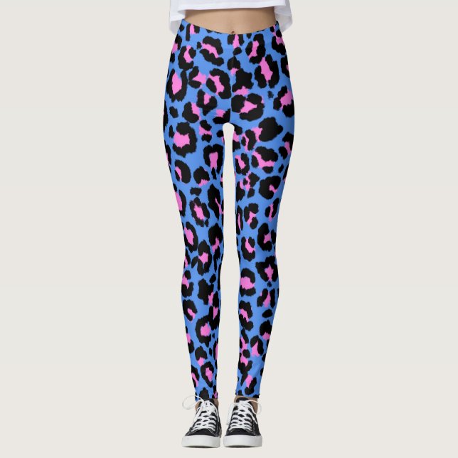 Leopard Pattern in Raspberry on Electric Blue Leggings (Front)