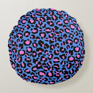 Leopard Pattern in Raspberry on Electric Blue Round Cushion