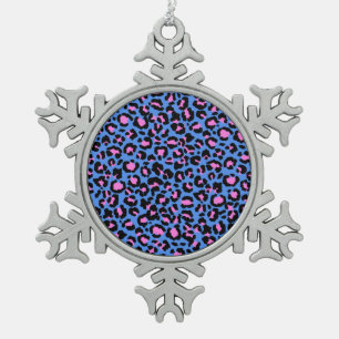 Leopard Pattern in Raspberry on Electric Blue Snowflake Pewter Christmas Ornament