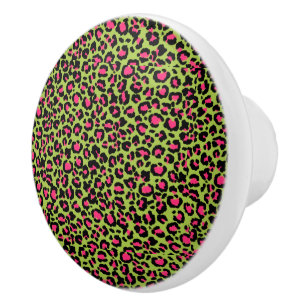 Leopard Pattern in Raspberry on Lime Green Ceramic Knob