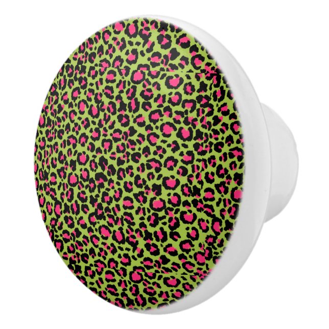 Leopard Pattern in Raspberry on Lime Green Ceramic Knob (Right)