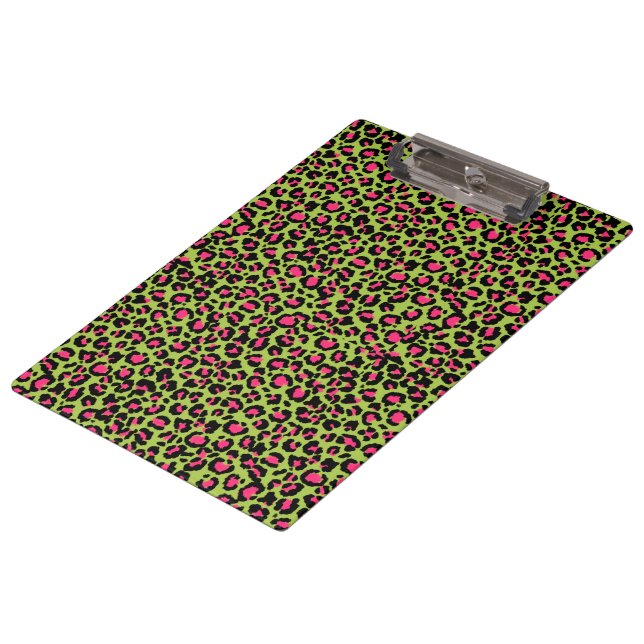 Leopard Pattern in Raspberry on Lime Green Clipboard (Angled)