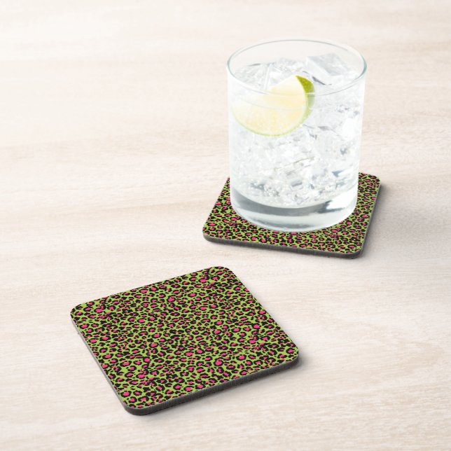 Leopard Pattern in Raspberry on Lime Green Coaster (Right Side)