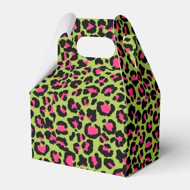 Leopard Pattern in Raspberry on Lime Green Favour Box (Front Side)