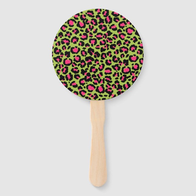 Leopard Pattern in Raspberry on Lime Green Hand Fan (Back)