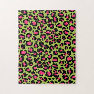 Leopard Pattern in Raspberry on Lime Green Jigsaw Puzzle