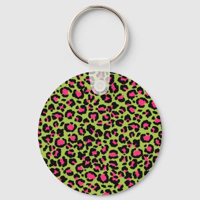 Leopard Pattern in Raspberry on Lime Green Key Ring (Front)
