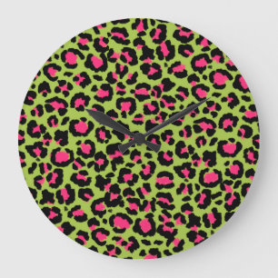 Leopard Pattern in Raspberry on Lime Green Large Clock