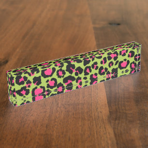 Leopard Pattern in Raspberry on Lime Green Nameplate