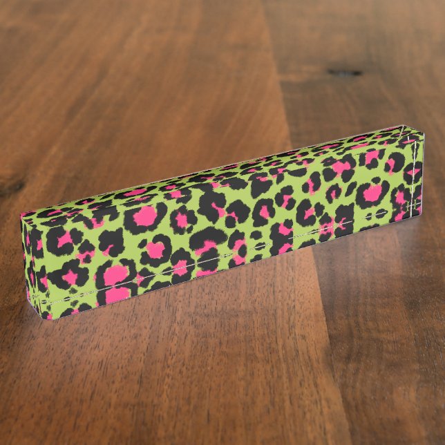 Leopard Pattern in Raspberry on Lime Green Nameplate (Side)