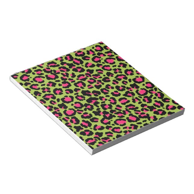 Leopard Pattern in Raspberry on Lime Green Notepad (Angled)