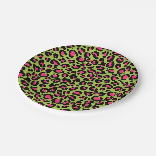 Leopard Pattern in Raspberry on Lime Green Paper Plate (Angled)