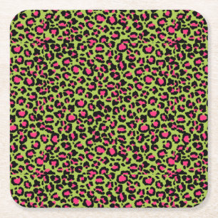 Leopard Pattern in Raspberry on Lime Green Square Paper Coaster
