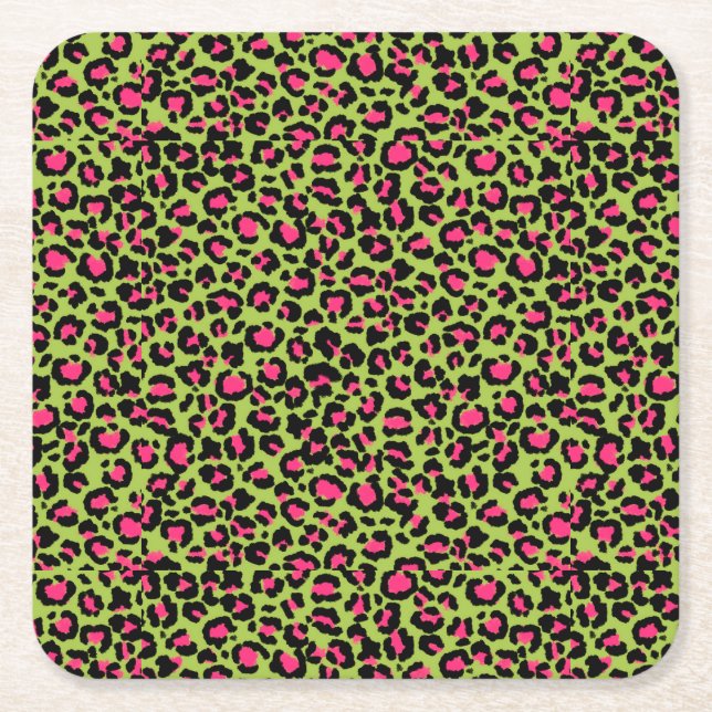 Leopard Pattern in Raspberry on Lime Green Square Paper Coaster (Front)