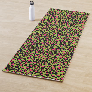 Leopard Pattern in Raspberry on Lime Green Yoga Mat