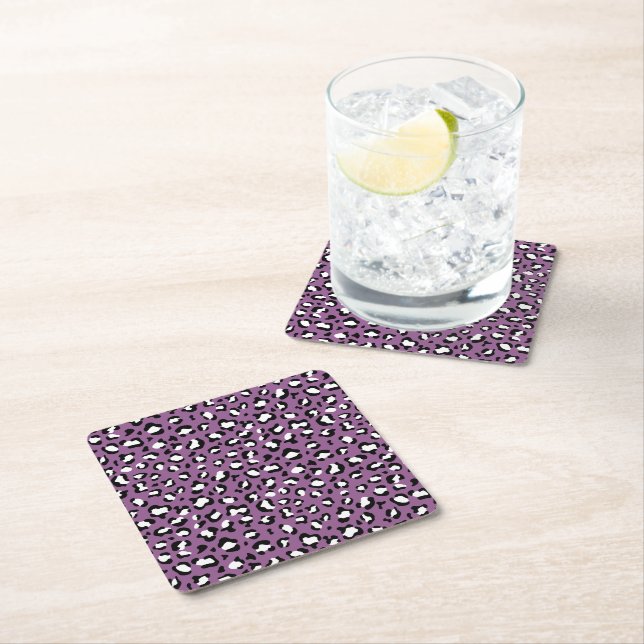 Leopard Pattern, Leopard Spots, Purple Leopard Square Paper Coaster (Insitu)