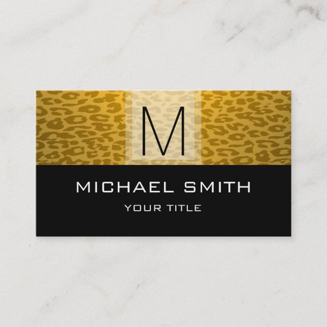 Leopard Pattern Modern Black Monogram Business Card (Front)