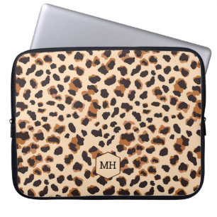 Leopard Pattern Monogram Brown Chic Initials Laptop Sleeve