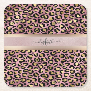 Leopard Pattern Monogram Rose Gold Black Square Paper Coaster