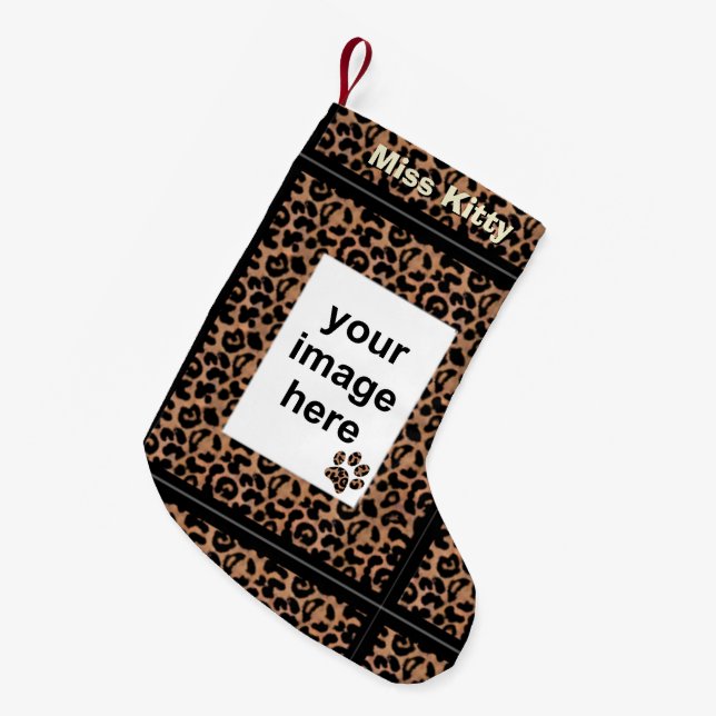 Leopard Pattern Paw Prints Custom Photo Pet Small Christmas Stocking (Front (Hanging))