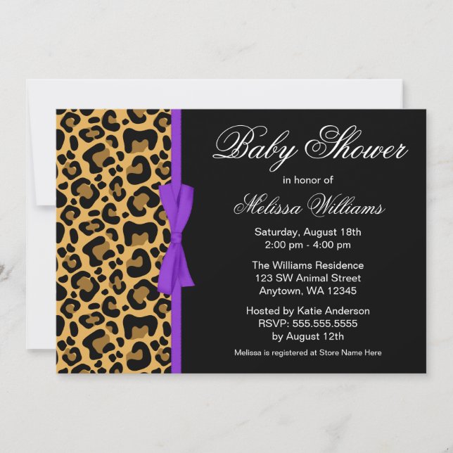 Leopard Pattern Purple Printed Ribbon Baby Shower Invitation (Front)