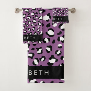 Leopard Pattern, Spots, Purple Leopard, Your Name Bath Towel Set