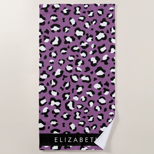 Leopard Pattern, Spots, Purple Leopard, Your Name Beach Towel (Front)