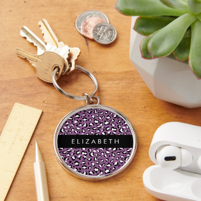 Leopard Pattern, Spots, Purple Leopard, Your Name Key Ring (Desk)