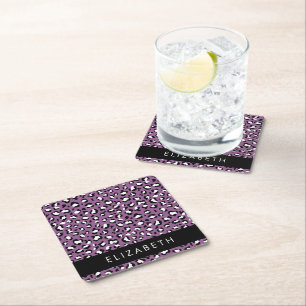 Leopard Pattern, Spots, Purple Leopard, Your Name Square Paper Coaster