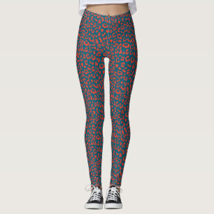 Leopard Patterned Leggings - Red and Slate Blue