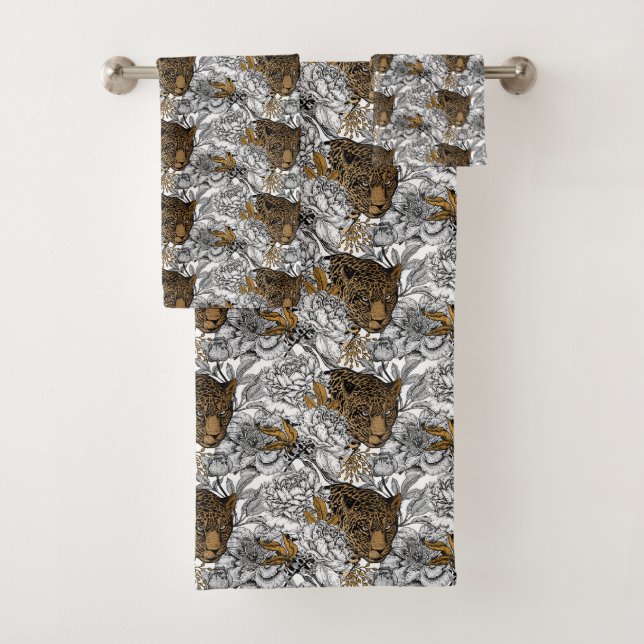 Leopard & Peonies Pattern Bath Towel Set (Insitu)