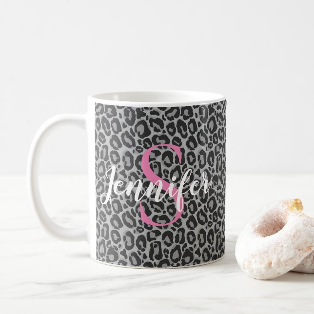 Leopard Personalise Pink Monogram & Name Coffee Mug (With Donut)