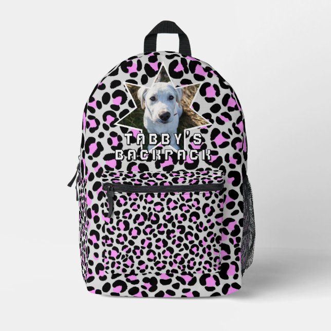 Leopard Pink Black Dog Photo Personalised Printed Backpack (Front)