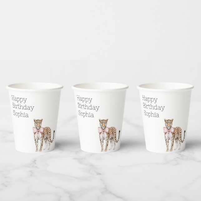Leopard Pink Bow Birthday Paper Cups (Multi)