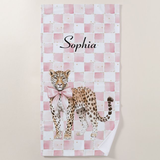 Leopard Pink Bow Squares Beach Towel (Front)