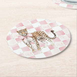 Leopard Pink Bow Squares Birthday Round Paper Coaster