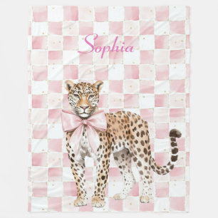 Leopard Pink Bow Squares Fleece Blanket
