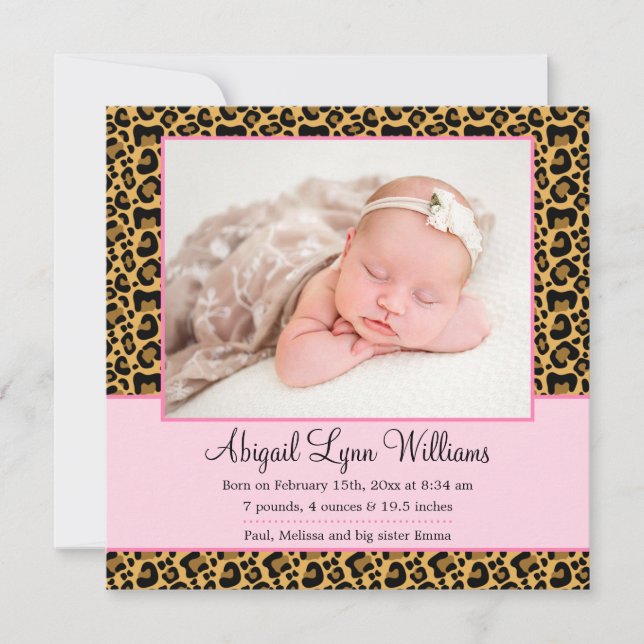Leopard Pink Girl Photo Birth Announcement (Front)