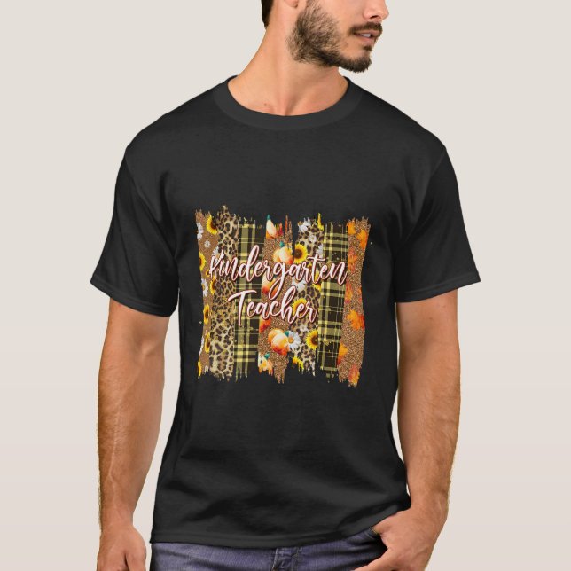 Leopard Plaid Fall Blessed Kindergarten Teacher Th T-Shirt (Front)