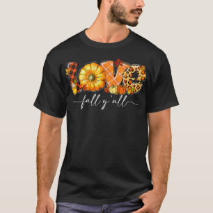 Leopard Plaid Love Fall Y'all Pumpkin Leaves Thank T-Shirt