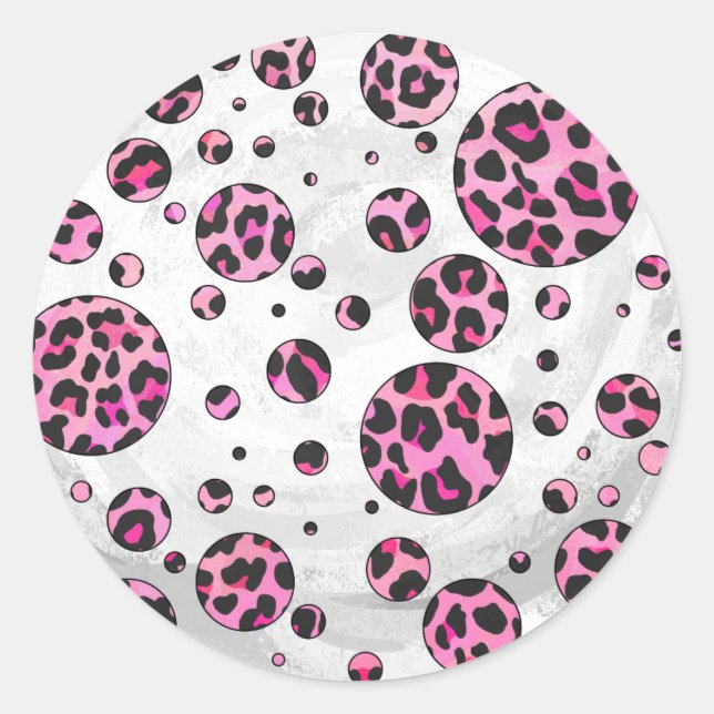 Leopard Polka Dot Black and Hot Pink Print Classic Round Sticker (Front)
