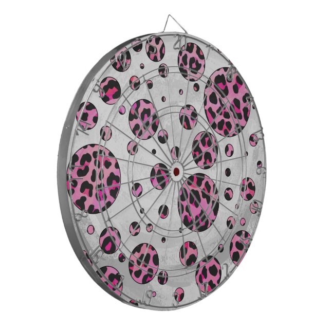 Leopard Polka Dot Black and Hot Pink Print Dartboard (Front Left)