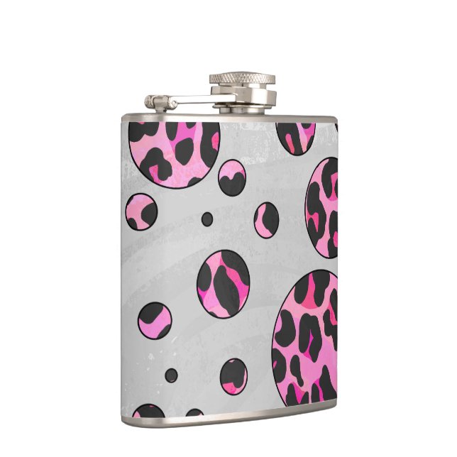 Leopard Polka Dot Black and Hot Pink Print Hip Flask (Right)