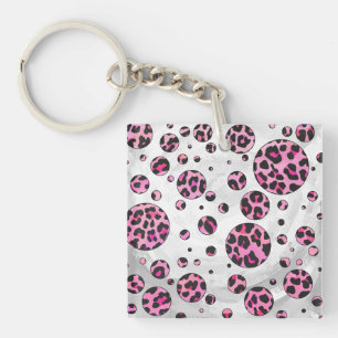 Leopard Polka Dot Black and Hot Pink Print Key Ring