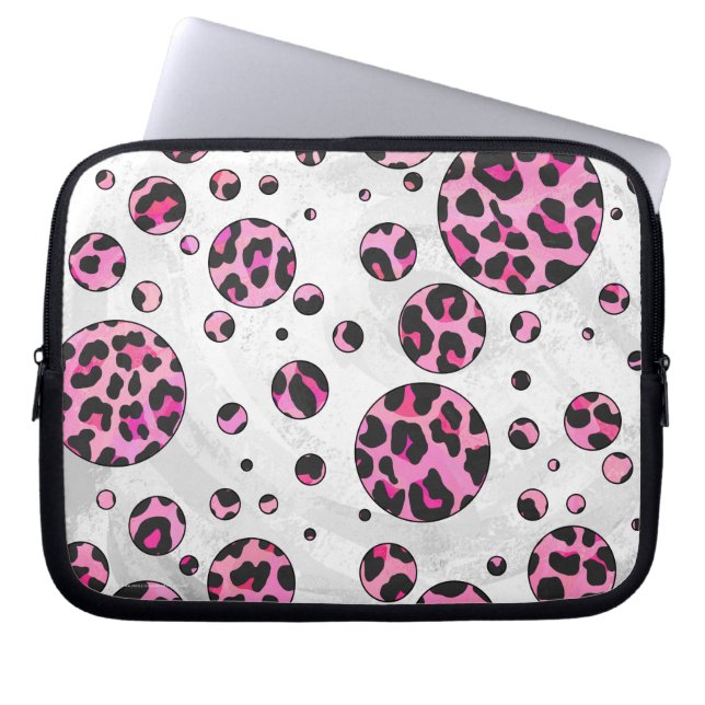 Leopard Polka Dot Black and Hot Pink Print Laptop Sleeve (Front)