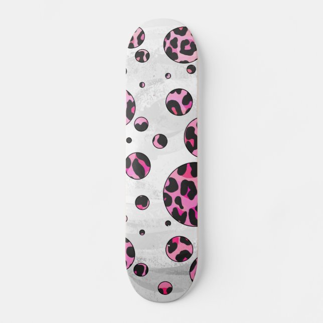 Leopard Polka Dot Black and Hot Pink Print Skateboard (Front)