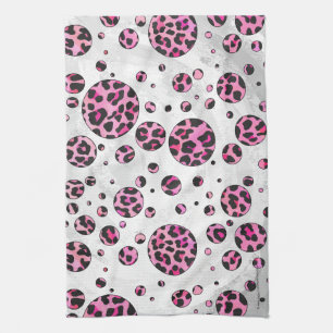 Leopard Polka Dot Black and Hot Pink Print Tea Towel