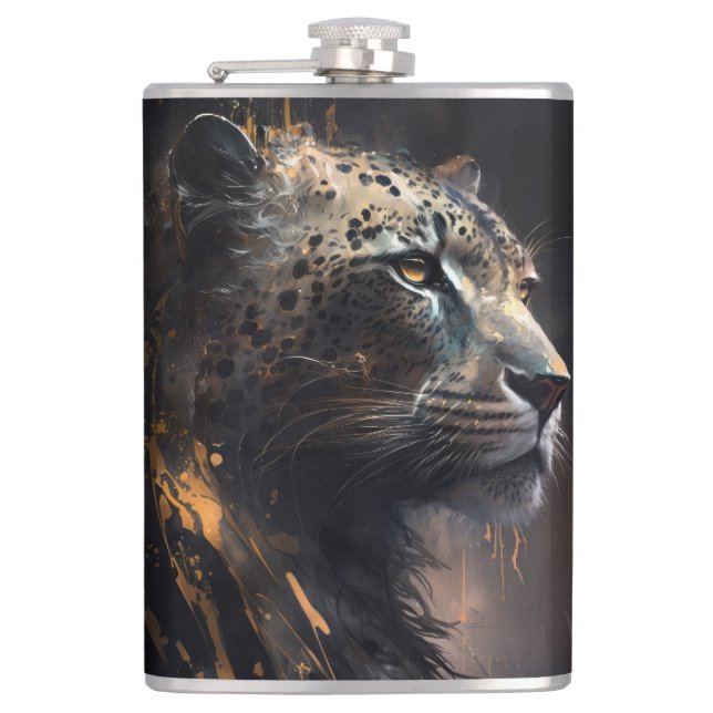 Leopard Portrait Animal Nature Wildlife Dark Paint Hip Flask (Front)