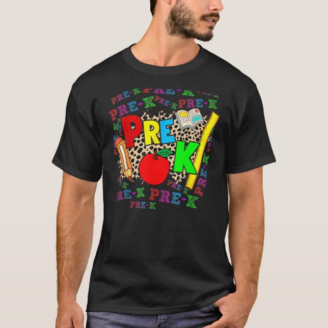 Leopard Pre K Typography Preschool Teacher Back To T-Shirt (Front)