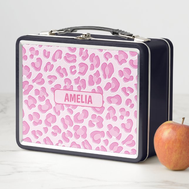 Leopard Preppy Pink Line Metal Lunch Box (In Situ)